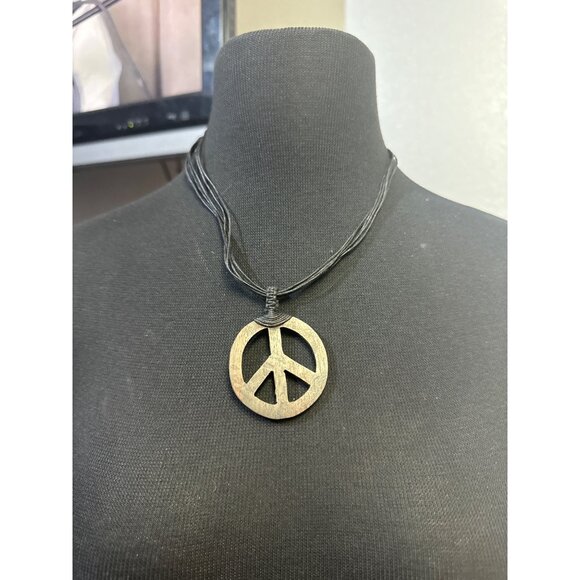 Wooden Peace Sign Pendant on a Leather Strap 18 inch Boho Hippie - Picture 1 of 3